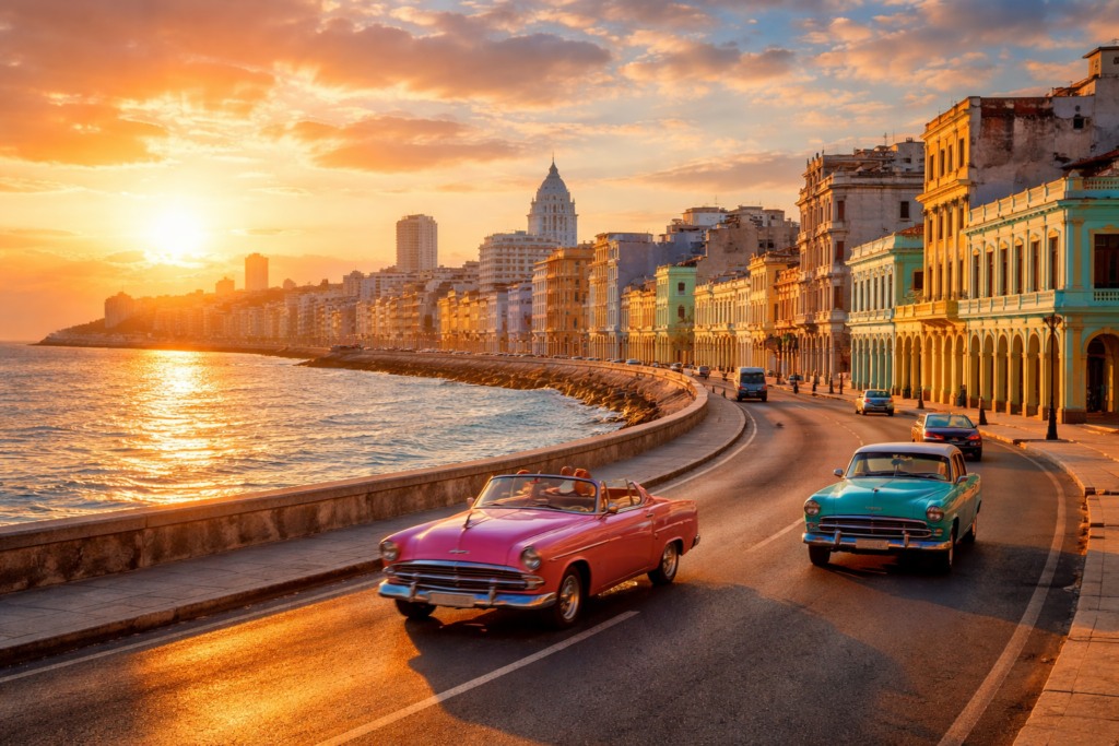 Havana’s Malecón at sunrise with classic cars as U.S. citizens plan travel to Cuba under 2026 entry requirements