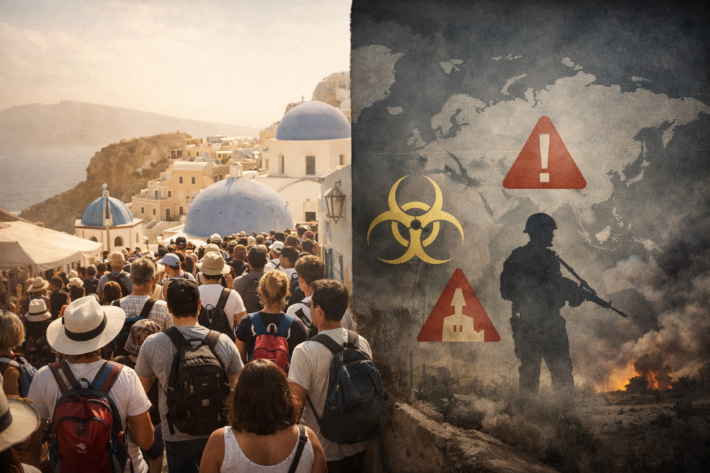 Travel warning image highlighting destinations to avoid in 2026 due to conflict, overcrowding, and environmental stress.