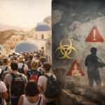 Travel warning image highlighting destinations to avoid in 2026 due to conflict, overcrowding, and environmental stress.