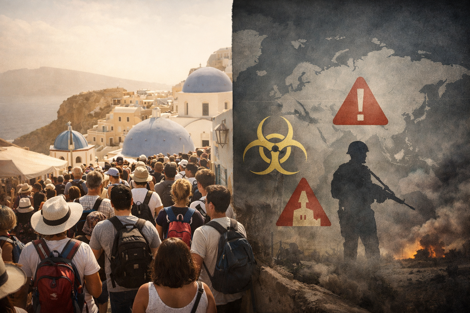Travel warning image highlighting destinations to avoid in 2026 due to conflict, overcrowding, and environmental stress.