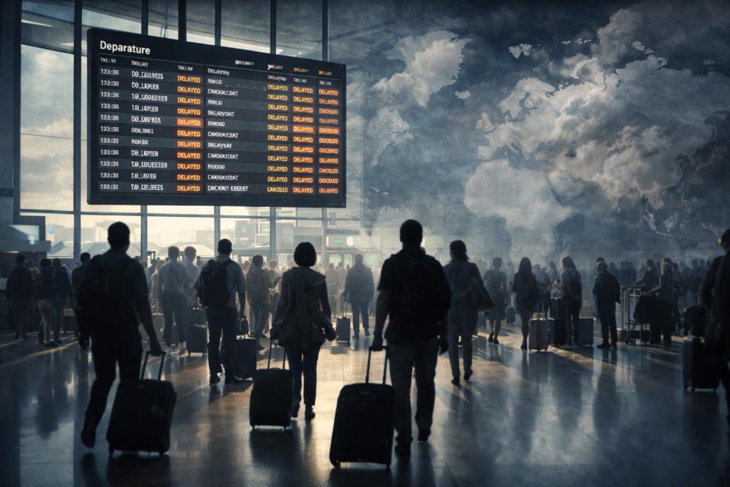 Global travel news image showing airport delays, international travelers, and a world map highlighting weather and border disruptions.