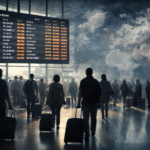 Global travel news image showing airport delays, international travelers, and a world map highlighting weather and border disruptions.