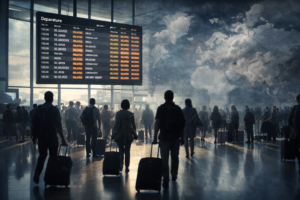Global travel news image showing airport delays, international travelers, and a world map highlighting weather and border disruptions.
