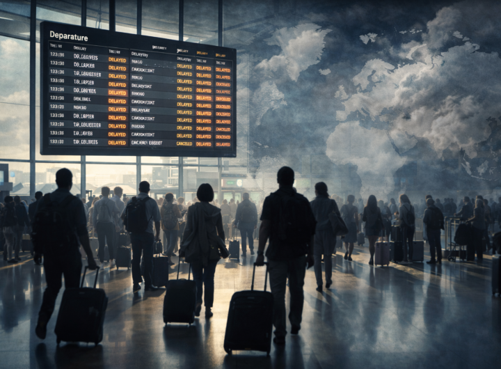 Global travel news image showing airport delays, international travelers, and a world map highlighting weather and border disruptions.