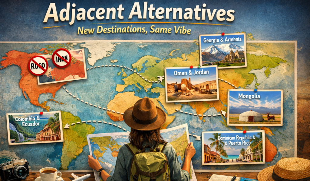 Traveler looking at a world map with alternative destinations highlighted next to politically restricted countries