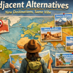Traveler looking at a world map with alternative destinations highlighted next to politically restricted countries