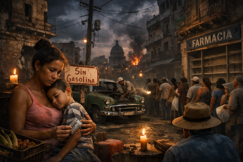Crumbling buildings and darkened streets in Havana reflect Cuba’s ongoing crisis marked by fuel shortages, blackouts, and economic hardship.