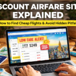 Traveler searching for flight deals on a laptop with low airfare alert notifications on screen