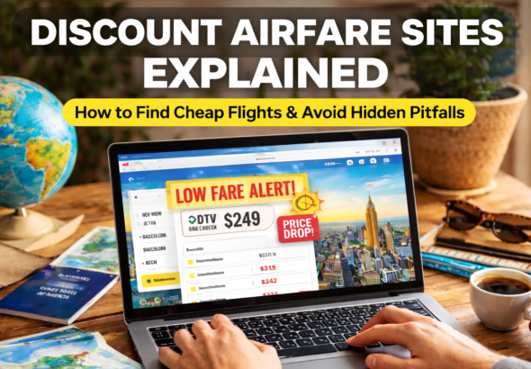 Traveler searching for flight deals on a laptop with low airfare alert notifications on screen