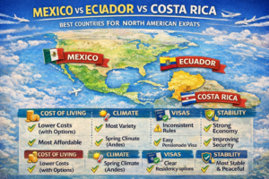 Infographic-style world map comparing Mexico, Ecuador, and Costa Rica for North American expats in 2026, with icons for cost of living, climate, visas, and stability.