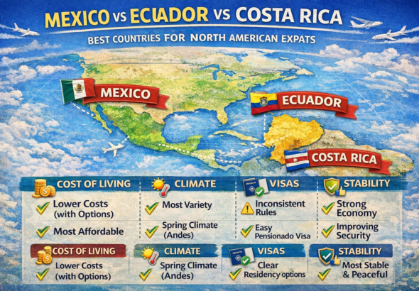 Infographic-style world map comparing Mexico, Ecuador, and Costa Rica for North American expats in 2026, with icons for cost of living, climate, visas, and stability.