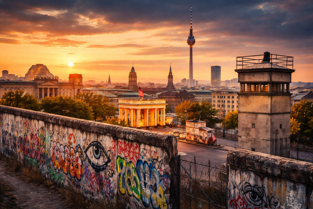 Berlin skyline at sunset with Cold War-era wall remains, symbolizing espionage travel destinations