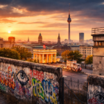 Berlin skyline at sunset with Cold War-era wall remains, symbolizing espionage travel destinations