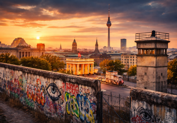 Berlin skyline at sunset with Cold War-era wall remains, symbolizing espionage travel destinations