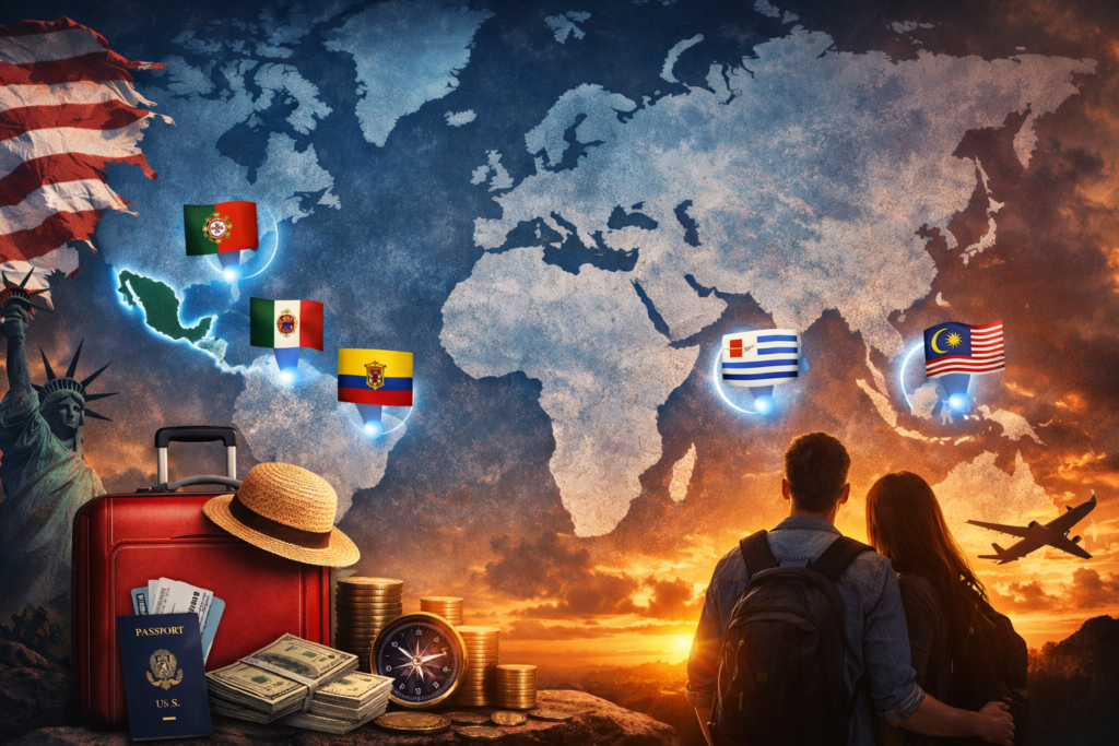 Dramatic world map with five highlighted countries—Portugal, Uruguay, Malaysia, Mexico, and Ecuador—symbolizing Americans preparing to relocate during U.S. instability.”