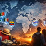 Dramatic world map with five highlighted countries—Portugal, Uruguay, Malaysia, Mexico, and Ecuador—symbolizing Americans preparing to relocate during U.S. instability.”
