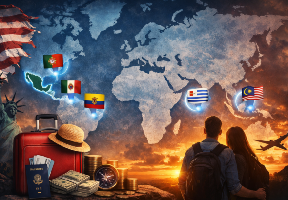 Dramatic world map with five highlighted countries—Portugal, Uruguay, Malaysia, Mexico, and Ecuador—symbolizing Americans preparing to relocate during U.S. instability.”