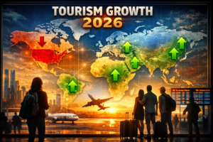 Map of global tourism growth in 2026 highlighting rising and declining travel destinations