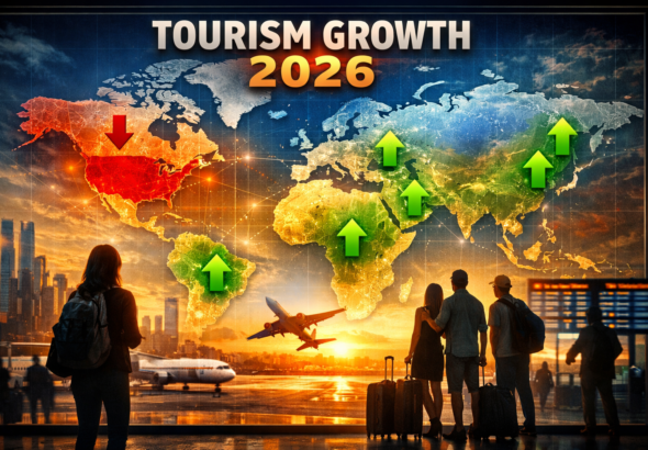 Map of global tourism growth in 2026 highlighting rising and declining travel destinations