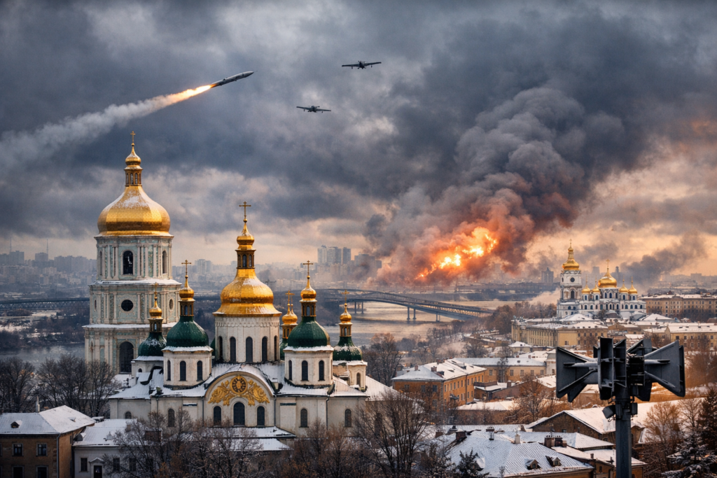 Kyiv skyline with golden-domed churches under a dramatic winter sky, representing travel safety concerns in Ukraine during wartime.