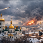 Kyiv skyline with golden-domed churches under a dramatic winter sky, representing travel safety concerns in Ukraine during wartime.