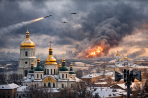 Kyiv skyline with golden-domed churches under a dramatic winter sky, representing travel safety concerns in Ukraine during wartime.