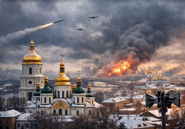 Kyiv skyline with golden-domed churches under a dramatic winter sky, representing travel safety concerns in Ukraine during wartime.