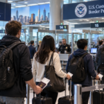 nternational travelers arriving at a U.S. airport amid new visa fees and entry requirements