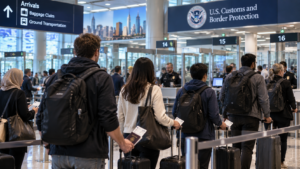 nternational travelers arriving at a U.S. airport amid new visa fees and entry requirements