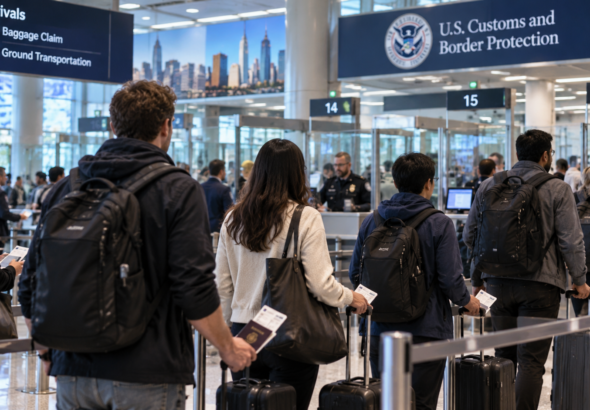 nternational travelers arriving at a U.S. airport amid new visa fees and entry requirements