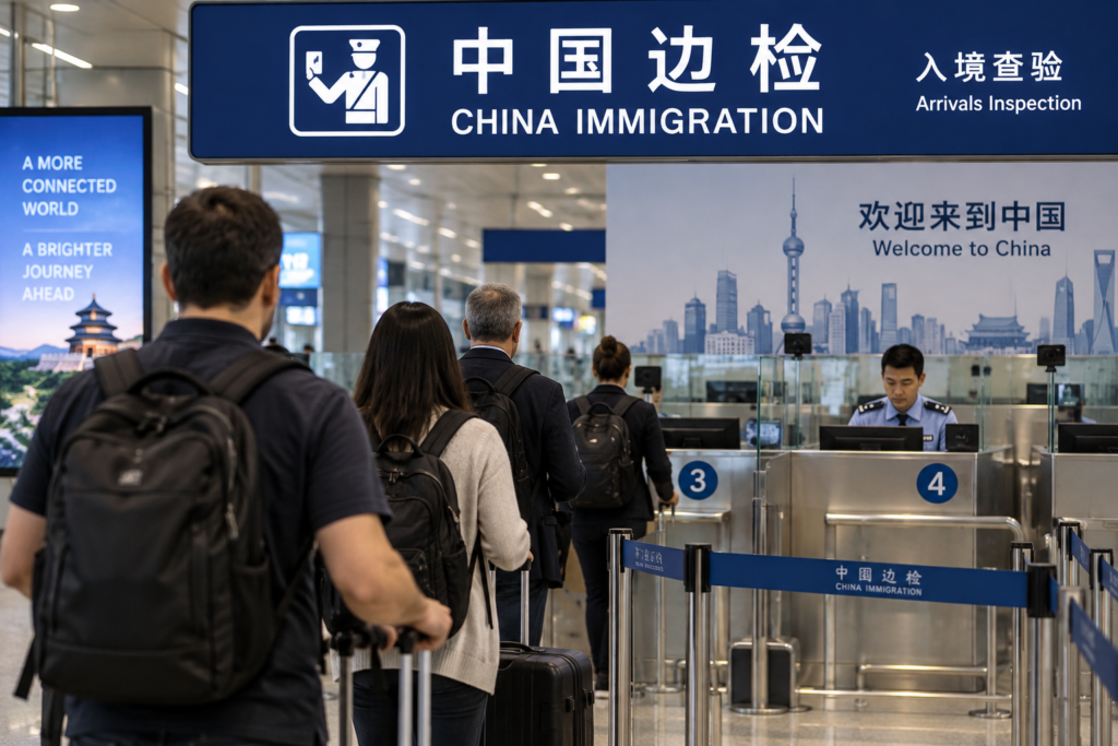 International travelers with luggage queue at China Immigration arrival inspection counters at a Chinese airport.