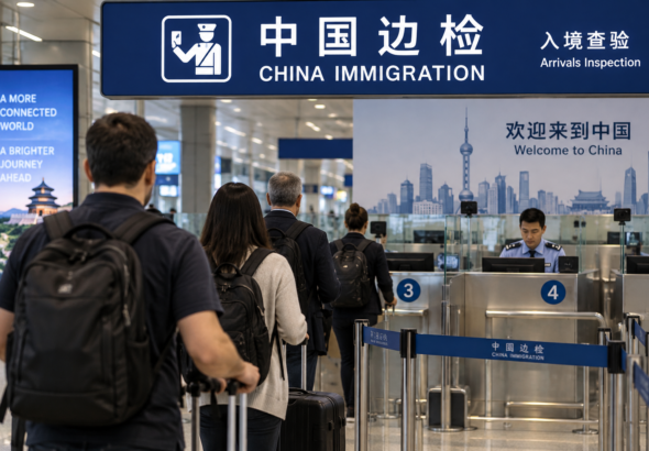 International travelers with luggage queue at China Immigration arrival inspection counters at a Chinese airport.