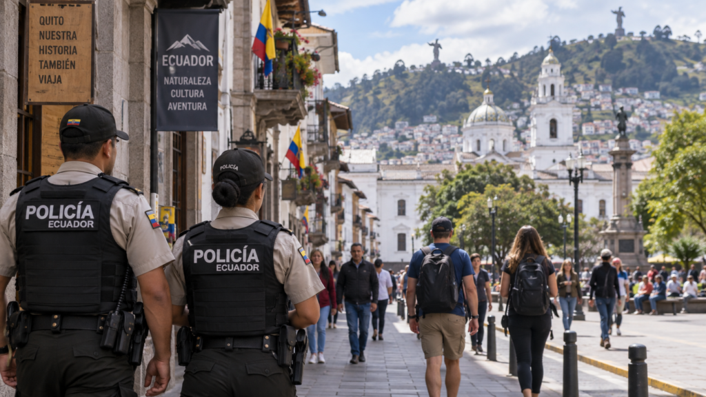 Ecuador travel security with police presence during the 2026 state of emergency and curfew.