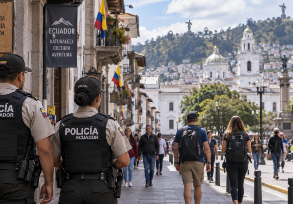 Ecuador travel security with police presence during the 2026 state of emergency and curfew.