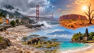 El Niño travel weather impacts showing heavy rain, drought, heat, and changing conditions at major tourist destinations worldwide.