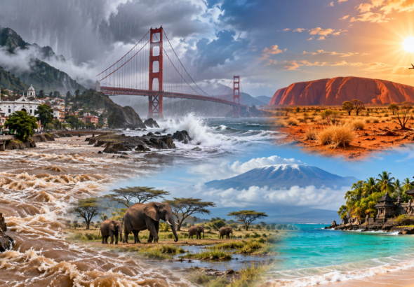 El Niño travel weather impacts showing heavy rain, drought, heat, and changing conditions at major tourist destinations worldwide.