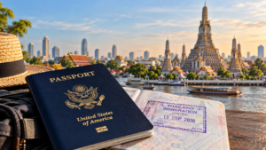 U.S. passport with Thai immigration stamp representing Thailand's new 30-day visa-free entry rules