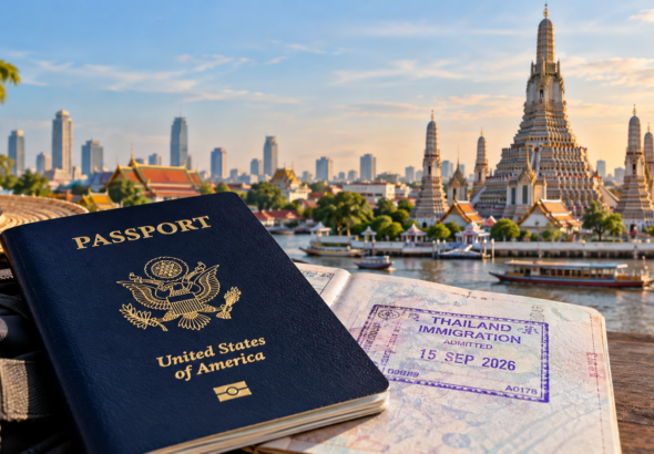 U.S. passport with Thai immigration stamp representing Thailand's new 30-day visa-free entry rules